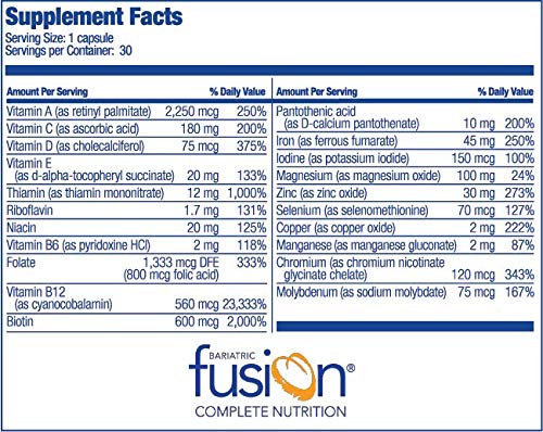Bariatric Fusion Bariatric Multivitamin ONE per Day Capsule with 45mg of Iron for Post Bariatric Surgery Patients Including Gastric Bypass and Sleeve Gastrectomy, 30 Count, 1 Month Supply 30 Count (Pack of 1) - NewNest Australia