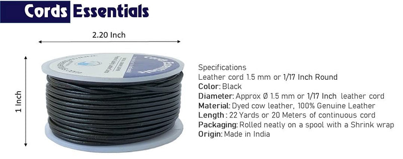 Cords Essentials Round Genuine Leather String Cord, Rope for Jewelry Making, Necklaces, Bracelets, Kumihimo Braiding, Wraps, Crafts and Hobby Projects (Black, 1.5 MM) Black - NewNest Australia