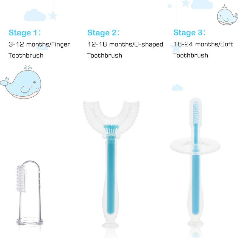3 in 1 Baby Training Toothbrush Set - Infant to Toddler Toothbrush Oral Care Silicone Toothbrush for Baby - Food Grade Silicone,Extra Soft Bristles,Perfect for 0-24 Months(3-Pack,Blue) Blue - NewNest Australia