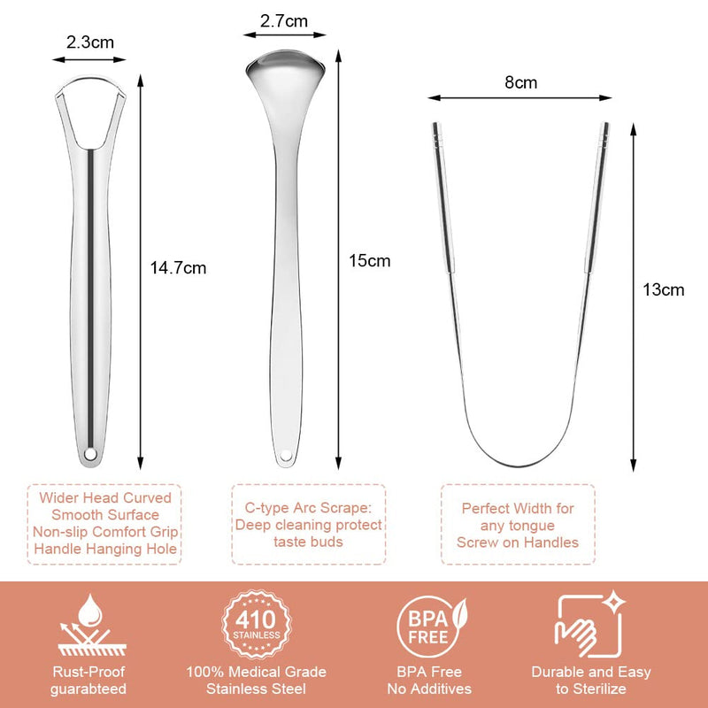 Acwoo Tongue Cleaner, 3 Pieces Tongue Scraper Stainless Steel Set, Silver Tounge Crapper For Adults Oral Care, Tongue Scraper Against Bad Breath Tongue Brush Heals Bad Breath (U-Shape+Open+Spoon) - NewNest Australia