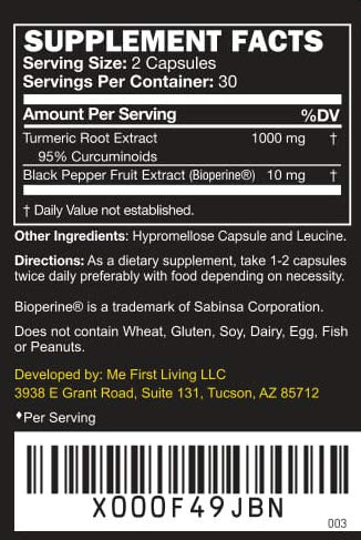 Me First Living Turmeric Curcumin 1000 mg 95% Curcuminoids, Bioperine 10 mg, 19x More Potent Than Others, Increased Absorption, Non-GMO, Organic Turmeric, Vegan, Gluten Free, 60 Capsules - NewNest Australia