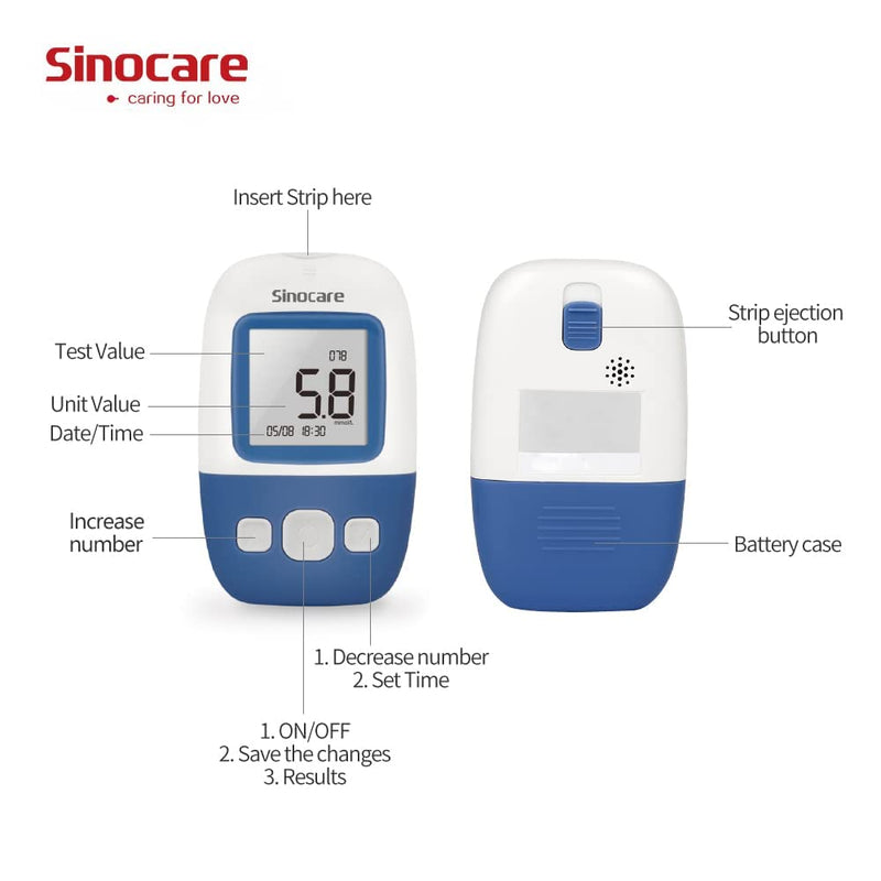 sinocare Diabetes Test Kit, Blood Glucose Monitor w/100 Strips, 5s Test Time Safe AQ Angel Blood Sugar Monitor 200 Memory Capacity, Painless Lancing Glucose Meter - mmol/L - NewNest Australia