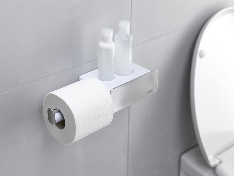 Joseph Joseph 70529 EasyStore Stainless-Steel Wall-Mounted Toilet Paper Roll Holder with Shelf and Drawer, White - NewNest Australia