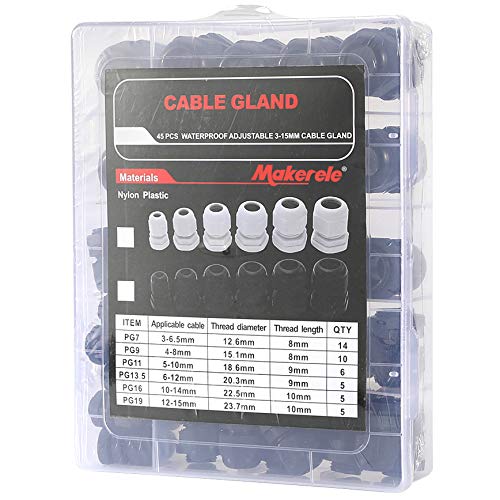 MAKERELE 45PCS Cable Gland Kit Plastic Waterproof Adjustable 3-15mm Cable Glands Joints,Black Black Cable gland kit - NewNest Australia