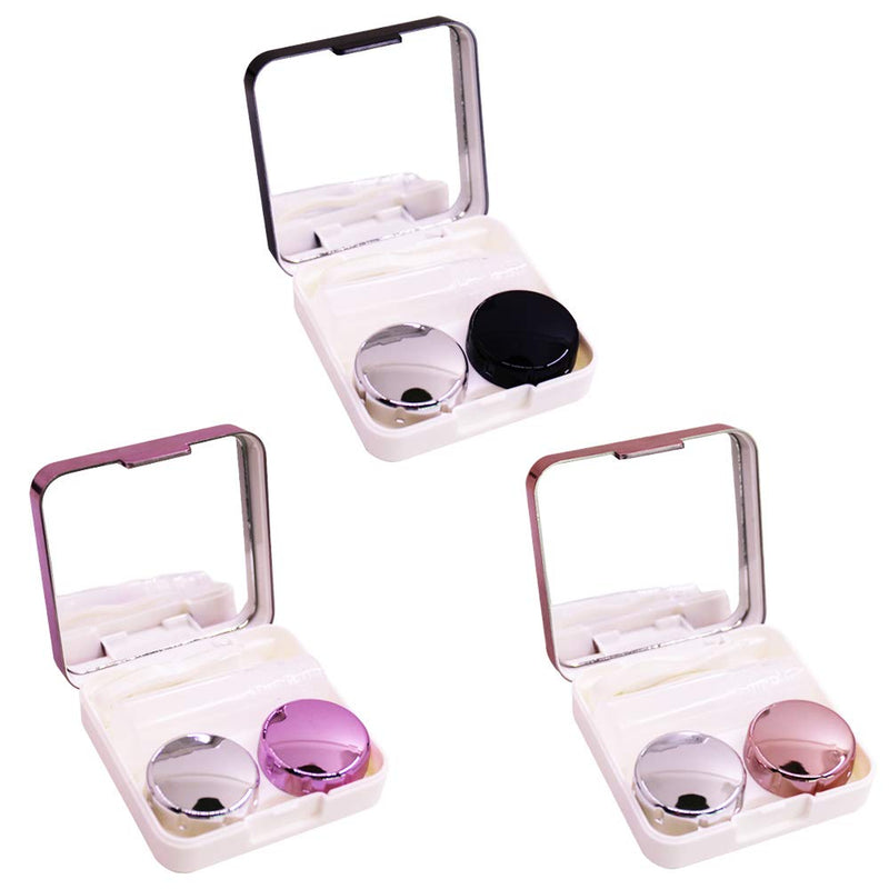 3 Pack Contact Lens Case,YuCool Mini Stylish Simple Portable Cases Kit Set Hard Double Lens Box+Mirror+Bottle+Container Holder+Tweezers for Travel&Home-Black,Rose Gold,Pink - NewNest Australia