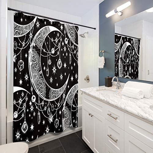 LIGHTINHOME Mandala Celestial Shower Curtain 60Wx72L Inch Boho Moon Star Black and White Fabric Waterproof Bathroom Home Decor 12 Plastic Hooks - NewNest Australia