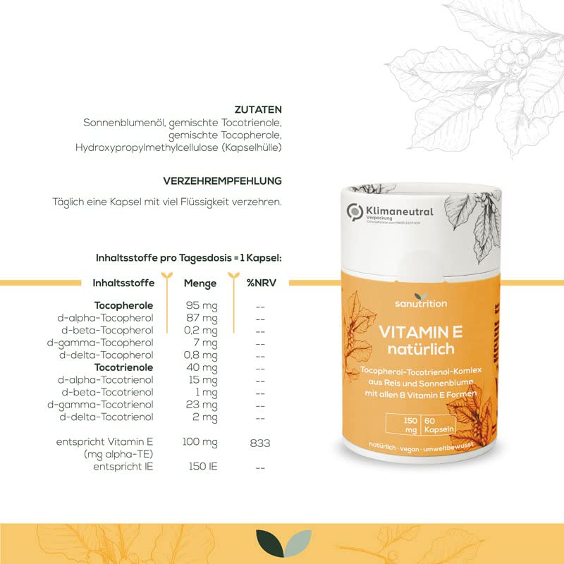 Vitamin E natural 400 IU per capsule | 60 capsules | High dosage | With all 8 forms of vitamin E in particularly good bioavailability | Vegan | 100% ecological paper packaging - NewNest Australia
