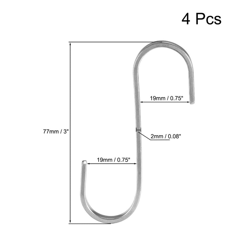 NewNest Australia - uxcell Stainless Steel S Hooks 3 inches Flat S Shaped Hook Hangers for Kitchen Bathroom Bedroom Storage Room Office Outdoor Multiple Uses 4pcs 