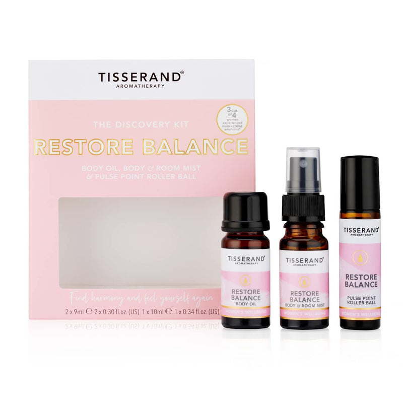 Tisserand Aromatherapy | Restore Balance Discovery Kit | Rollerball, Body Oil & Mist | Perimenopause, Menopause & Menstruation Support for Women | Rose, Clary Sage & Geranium | Natural Essential Oils - NewNest Australia