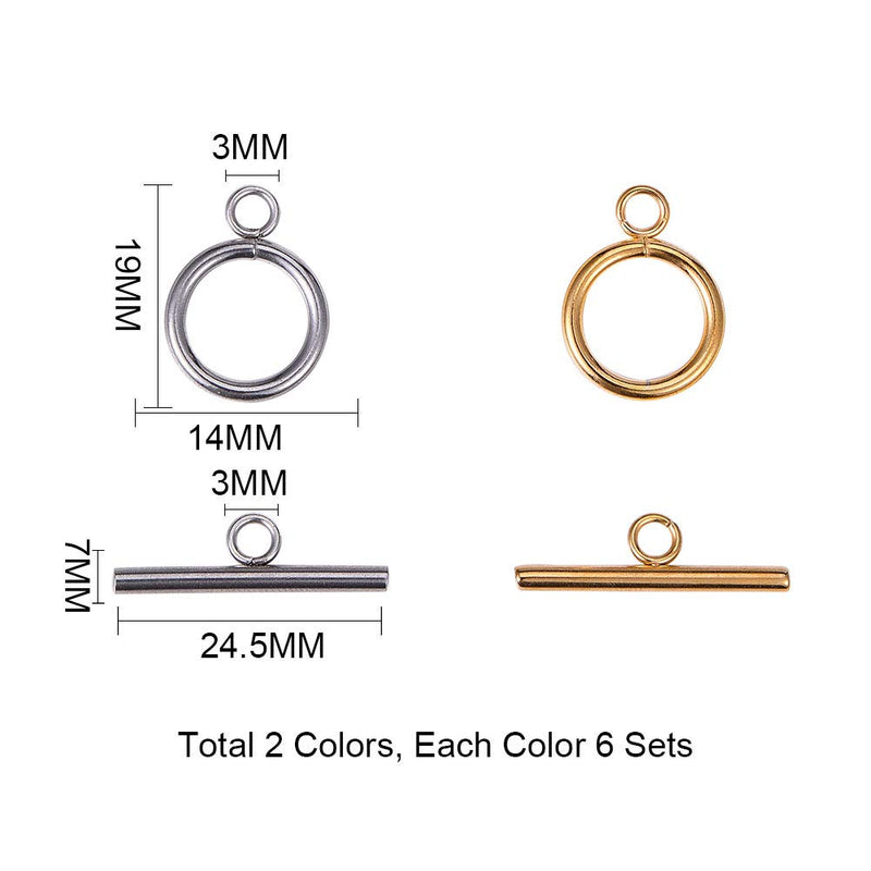PandaHall Elite 12 Sets 2 Colors 304 Stainless Steel Round Toggle Clasps Connectors for Bracelet Necklace Jewellery DIY Craft Making Ring 14mm Stainless Steel Color/Golden-12 Sets - NewNest Australia