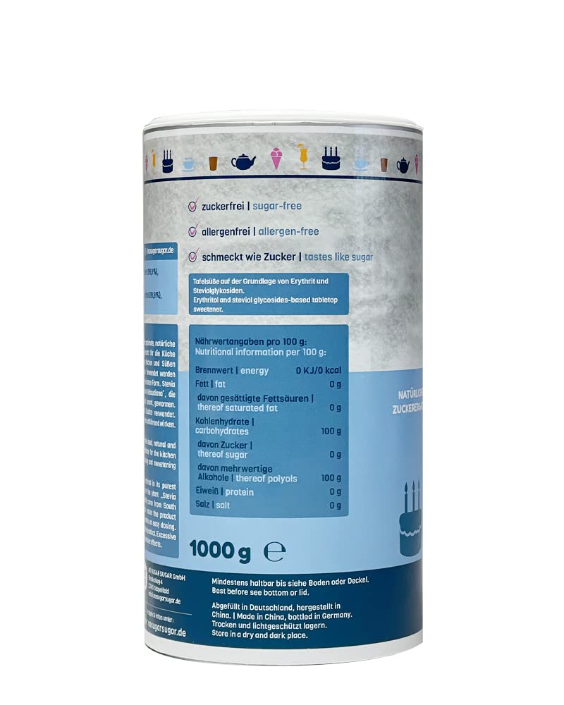 No Sugar Sugar Erythritol + Stevia Natural Sugar Substitute Without Calories 1:1 Sweetness Compared To Sugar, Without Taste, Healthy Alternative For Cooking, Baking, Sweetening (1 Kg Resealable Can) - NewNest Australia