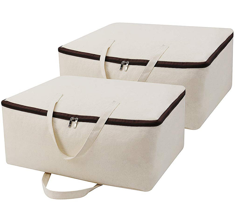 NewNest Australia - Set of 2, 100% Canvas Eco-friend Storage Bags with 3-side Zip Open & Handles, Good for Bedding set, House Move or Winter Clothes Storage in Wardrobe, Beige 23.6*17.7*8.66" 