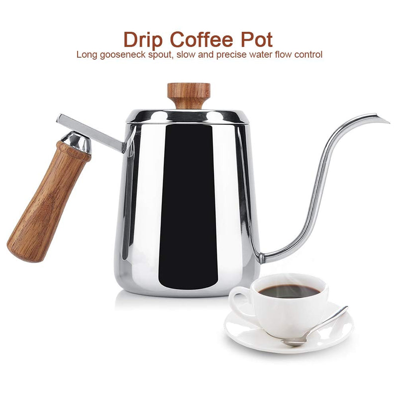 304 Stainless Steel Gooseneck Pour Over Coffee Kettle, 350/600ml Drip Coffee Pot with Long Gooseneck Spout, Wooden Lid and Wooden Handle (350ml) 350ml - NewNest Australia