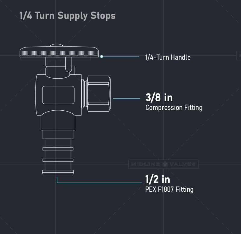 MIDLINE VALVE 81512QS-OM Water Supply Stop Valve with Quarter Turn Wheel; Lead Free; Angle Shut-off for Toilet, Sink, Dishwasher; 1/2 in. PEX x 3/8 in. O.D. COMP; Chrome Plated Brass - NewNest Australia