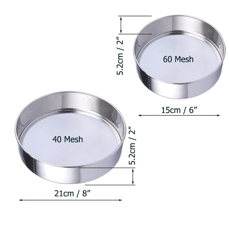 Sieve Fine Mesh, Stainless Steel Round Sifter for Baking, Flour Sieve, 8 Inch 40 Mesh and 6 Inch 60 Mesh, 2PCS - NewNest Australia