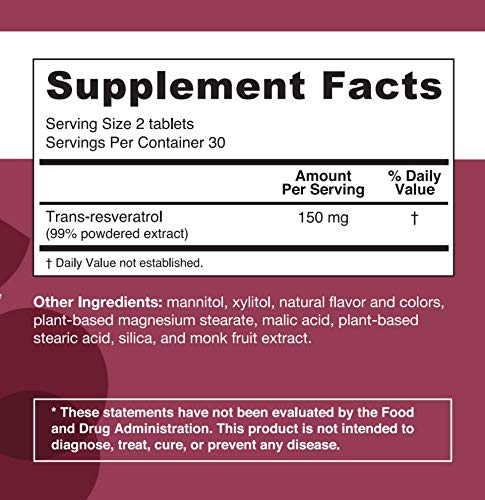 EZ Melts Resveratrol as Trans-Resveratrol, 150 mg, Sublingual Vitamins, Vegan, Zero Sugar, Natural Grape Flavor, 60 Fast Dissolve Tablets - NewNest Australia
