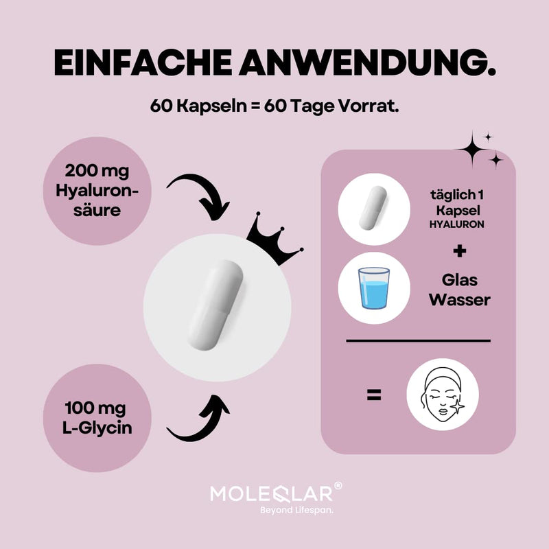 Moleqlar Hyaluronic Capsules - Hyaluronic And Glycine In Complex High Molecular Weight Vegan Hyaluronic Acid (2,000 Kda) With L-Glycine - Vegan And Gluten-Free - 60 Hyaluronan Capsules - NewNest Australia