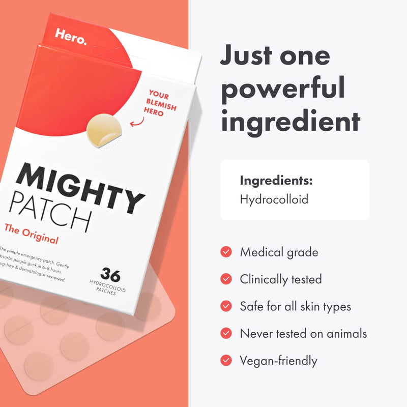 Mighty Patch Original from Hero Cosmetics - Hydrocolloid Acne Pimple Patch for Covering Zits and Blemishes, Spot Stickers for Face and Skin, Vegan-friendly and Not Tested on Animals (36 Count) - NewNest Australia