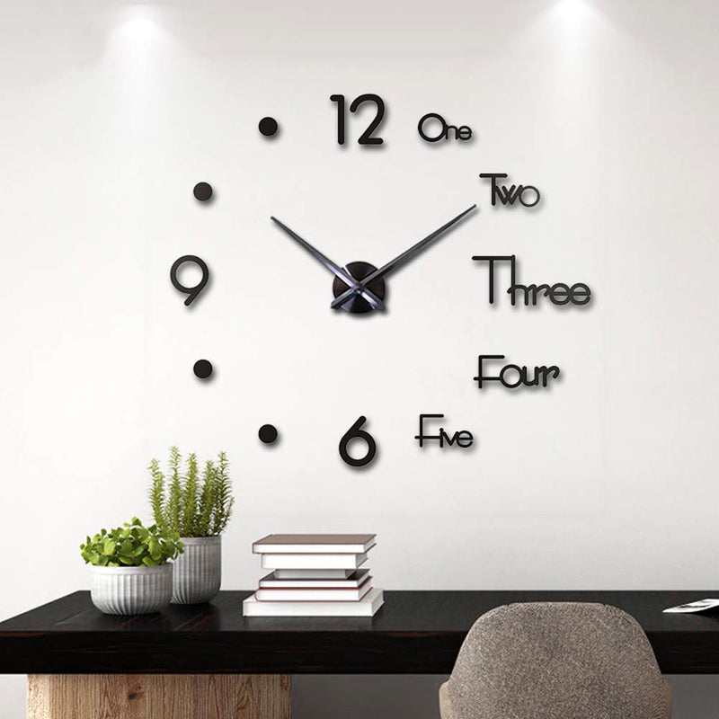 NewNest Australia - CreationStore Large 3D DIY Wall Clock Acrylic Mirror Surface Decoration Wall Clock for Living Room Bedroom Office (Black) Black 