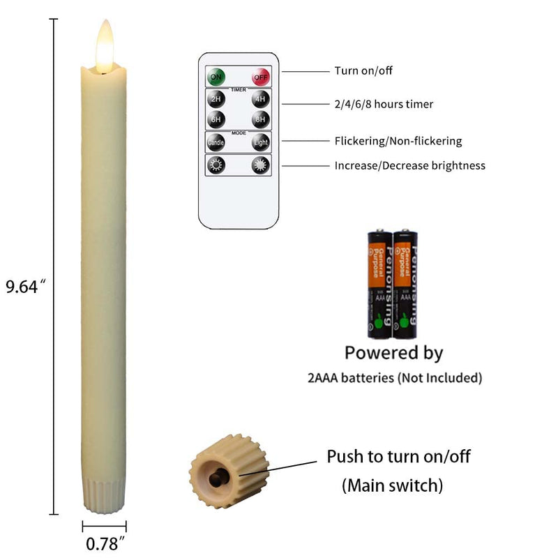 Mavandes LED Flameless Taper Candles with Remote Timer,Ivory Battery Operated Flickering Window Candles, Pack of 2 Real Wax Warm Fire 3D-Wick Flameless Candlesticks,Home Wedding Decor(0.78 x 9.64) Ivory-2 - NewNest Australia
