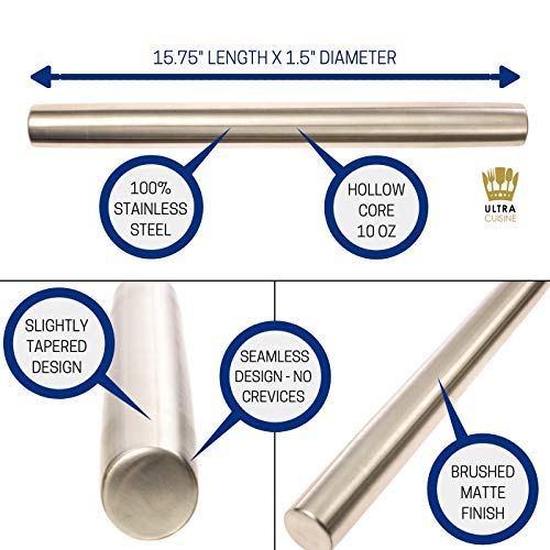 NewNest Australia - Professional French Rolling Pin for Baking - 15.75" Smooth Stainless Steel Metal has Tapered Design Best for Fondant, Pie Crust, Cookie, Pastry, Pasta, Pizza Dough - Chef Baker Roller by Ultra Cuisine Classic 