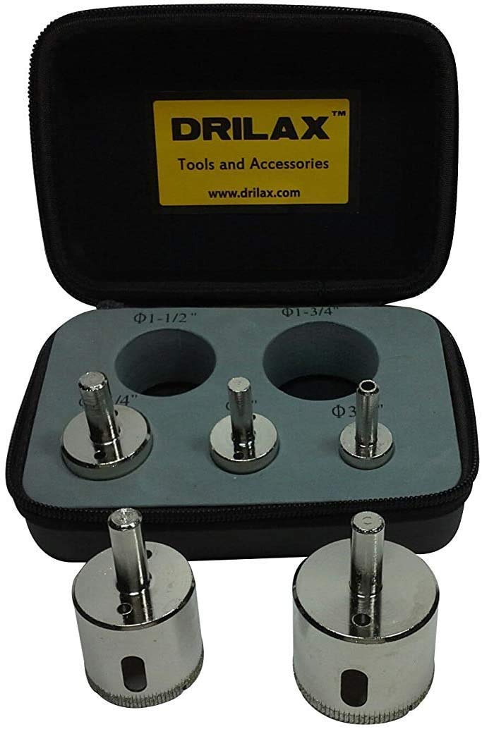 Drilax Diamond Hole Saw Drill Bit 5 Pcs Set Long 3/4 1 1-1/4 1-1/2 1-3/4 Inch Ceramic Porcelain Tile Glass Granite Slate Insert Guide Included - NewNest Australia