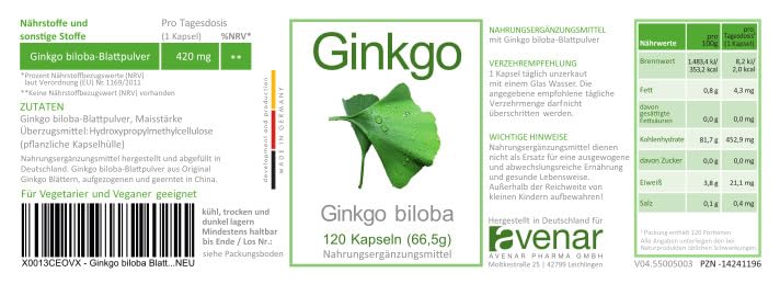 Ginkgo biloba leaf powder 420mg | from the pharmacy | 120 capsules 4-month supply | highly pure, made in Germany | Highly dosed, natural, vegan, no extract, test winner rating very good. 120 pieces (pack of 1) - NewNest Australia