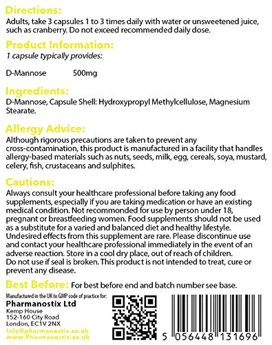 Pharmanostix D-Mannose 500mg Per Capsule – High Strength Daily Serving (1500mg) – 90 Vegan Friendly Capsules (Not Tablets) – 100% Natural Premium D Mannose – Suitable for Vegans – Made in The UK - NewNest Australia