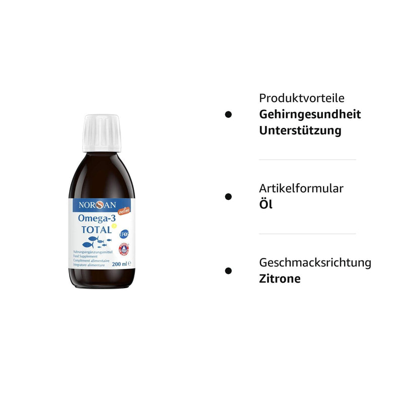 NORSAN Premium Omega 3 Fish Oil Total Lemon Online High Dose 200 ml / 2,000 mg Omega 3 per serving/Omega 3 Oil with EPA & DHA/Omega 3 Premium Oil with 800 IU Vitamin D3 200 ml (Pack of 1) - NewNest Australia