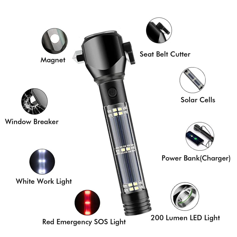 Serjur 8 in 1 Multi Function Flash Light,USB Rechargeable Solar Powered Flashlight with Glass Breaker,Seatbelt Cutter,Alarm and Phone Charger, Car LED Tactical Flashlight for Emergencies - NewNest Australia