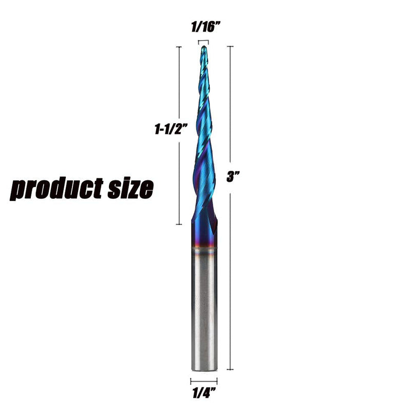 Jiiolioa ZQ21A3 CNC Router Bits 2D&3D Carving 3.6 Deg Tapered Angle 2 Flute Ball Nose 1/4" Shank 1/16"X1 1/2"X1/4"X3" - NewNest Australia