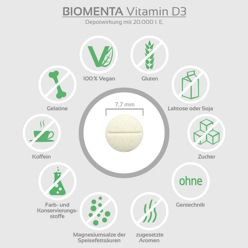 Biomenta Vitamin D3, High Dosage - 20,000 Iu, Vegan Vitamin D3 Tablets With Slow-Release Effect: Take 1 Tablet Of Vitamin D Every 20 Days - Bottle Of 120 Vitamin D3 Tablets (Cholecalciferol) - NewNest Australia