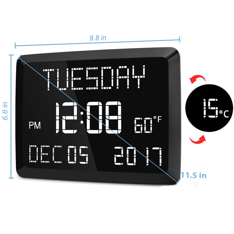 NewNest Australia - Digital Clock, Raynic 11.5" Large LED Word Display Dimmable Digital Wall Clock,Adjustable Brightness Digital Alarm Clock with Day and Date,Indoor Temperature,Snooze,12/24H,DSTfor Home, Office,Elderly 