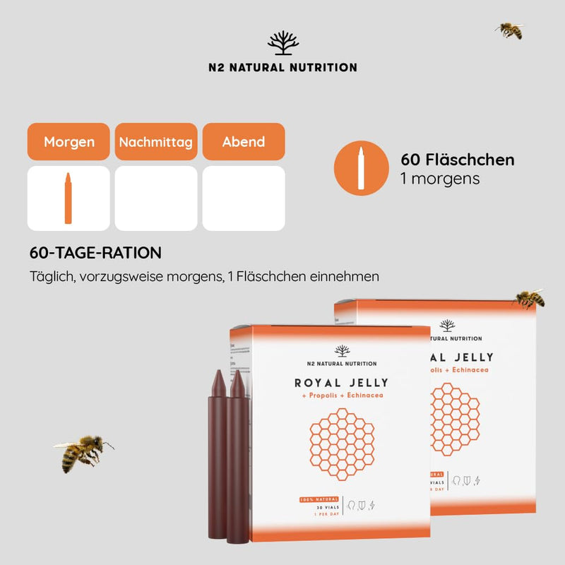 Pure royal jelly with propolis + vitamin C + echinacea. 60 days. 2000MG. Reduces fatigue and other symptoms, increases energy, vitality and strengthens metabolism. CE. N2 Natural Nutrition - NewNest Australia