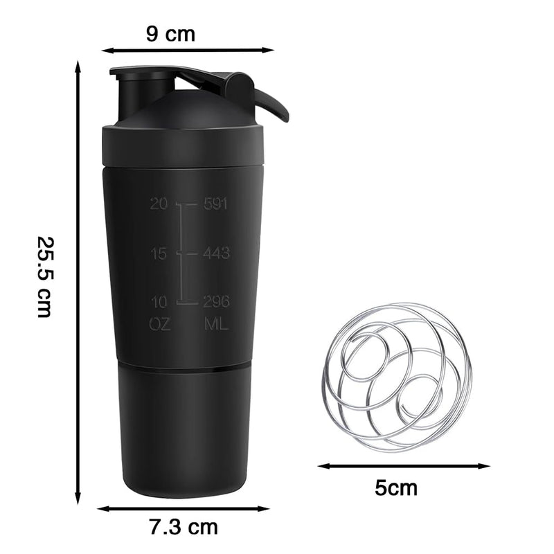 Golgner stainless steel protein shaker, shaker protein sport fitness, 600 ml fitness protein shaker, BPA free with scale, double-walled, with 200 ml cup, for protein, diet and fitness shake (black) black - NewNest Australia
