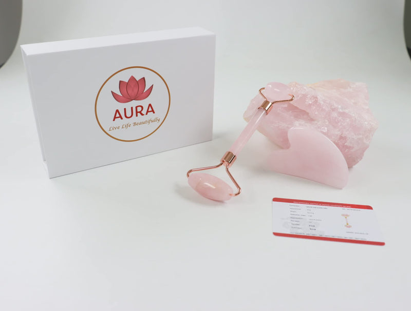 Aura - Live life beautifully Premium Certified Luxury 100% Authentic Rose Quartz Pink Roller & Gua Sha Set for Anti-Aging Skin Care, Muscle Relaxation, Fine Line Reduction, and Eye Puffiness Relief - NewNest Australia