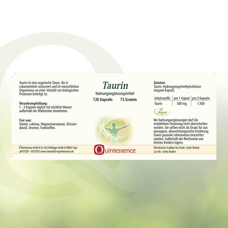 Quintessence Taurine 120 capsules - 500 mg taurine per capsule - 100% pure without flow and release agents - Excellent quality and bioavailability - Vegan - Produced in Austria - NewNest Australia