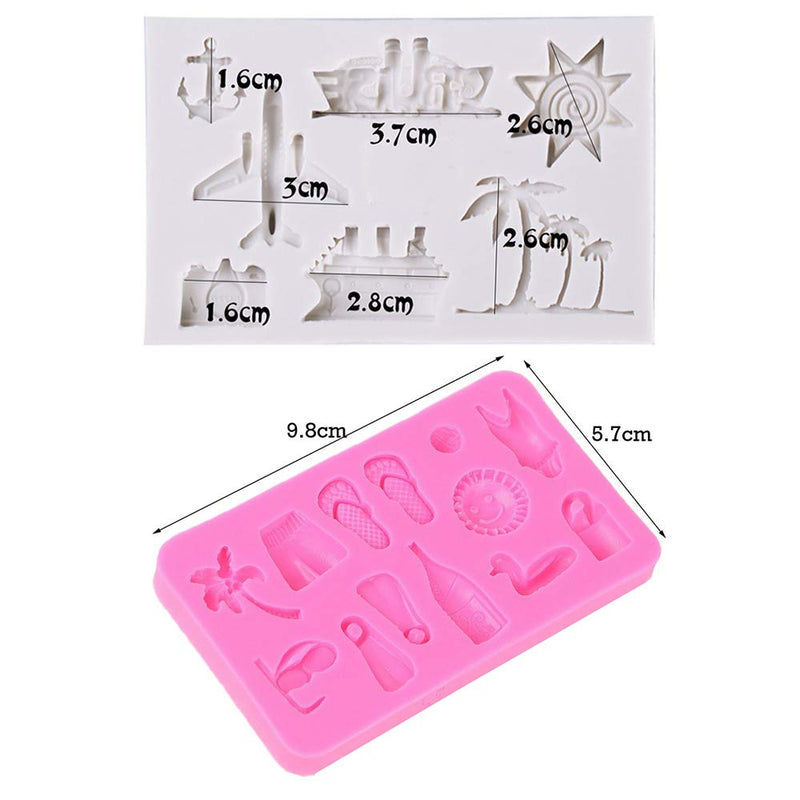 2Pcs/Set Summer Vocation Travel Fondant Molds, Seaside Holiday Silicone Mold for Cake Cupcake Decorating Polymer Clay Mould (Airplane Cruise Liner Camera Coconut Tree Sun Beach Slippers Swimsuit) - NewNest Australia