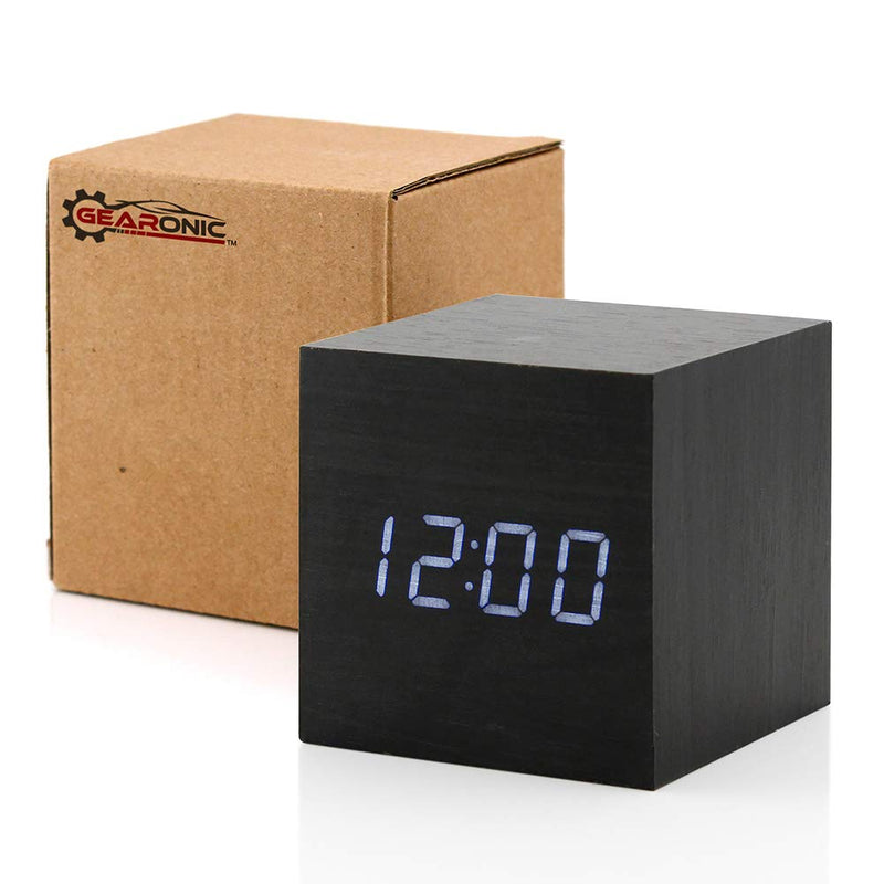 NewNest Australia - GEARONIC TM Wooden Alarm Clock, LED Square Cube Digital Alarm Thermometer Timer Calendar Brighter LED -Black Black 