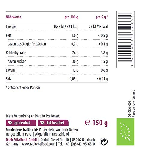 Raab Vitalfood Bio Premium Maca-Pulver aus 100% Bio Maca-Wurzeln aus den Anden aus Peru, Rohkostqualität, 1x 150 g Packung - NewNest Australia