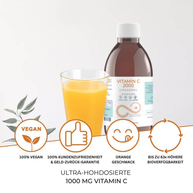 Mighty Elements Liposomal Vitamin C 2000 mg high dose, orange flavor, immune system, vegan, gluten-free & lactose-free, liquid 250 ml, glass bottle - NewNest Australia