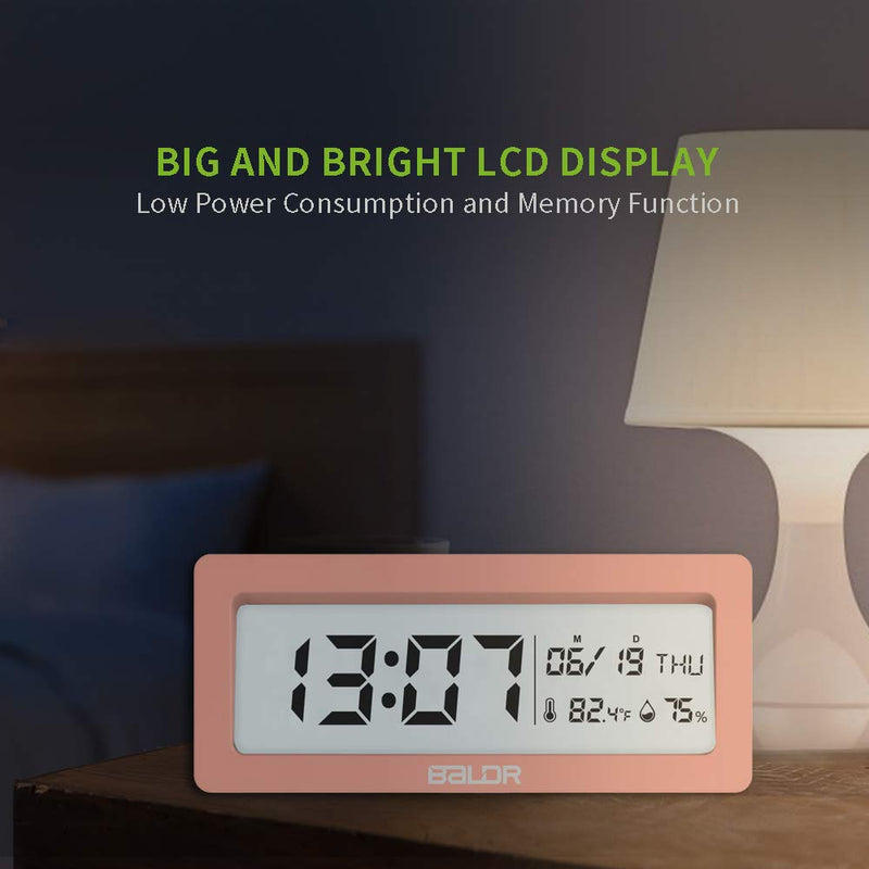 NewNest Australia - BALDR Compact Digital Alarm Clock with Ultra HD LCD Screen - Large Date & Time Display, Bedside Table Clock, Monitor Temperature & Humidity, Battery Operated Travel Alarm Clock Coral Pink 