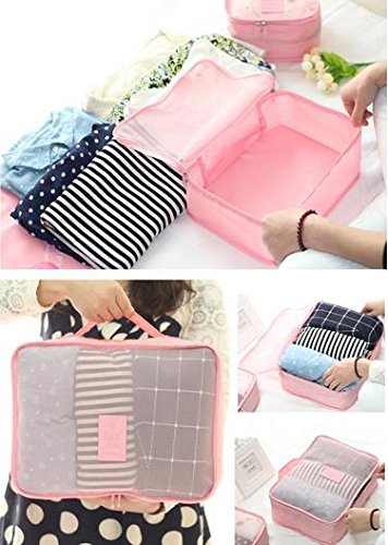 NewNest Australia - King & Pig 6pcs Travel Organizer Pouches Waterproof Luggage Clothing Finishing Bag (Pink) Pink 