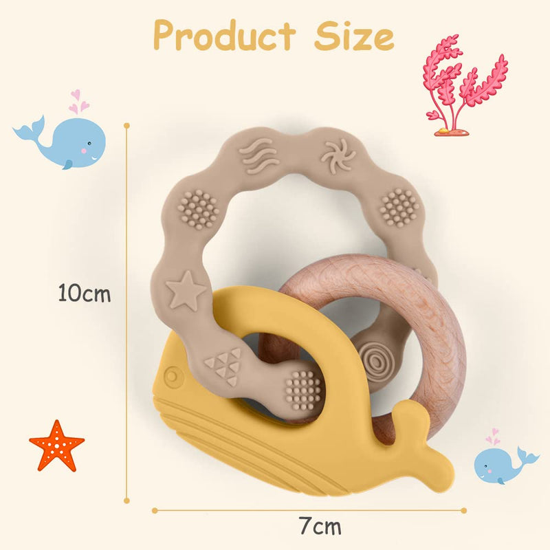 Vicloon Teething Ring For Babies, Teething Ring Toy Made Of Silicone And Wooden Rings, Baby Teething Aid Bpa-Free, Pain-Relieving Teething Nursing Accessories For Babies From 3 Months (Whale Brown) Whale Yellow - NewNest Australia