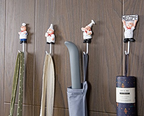 NewNest Australia - TA BEST Pack of 4 Resin French Chef Figurine Wall Hooks Decorative Cook Wall Mount Rack Hook Hanger(Assorted Style) 