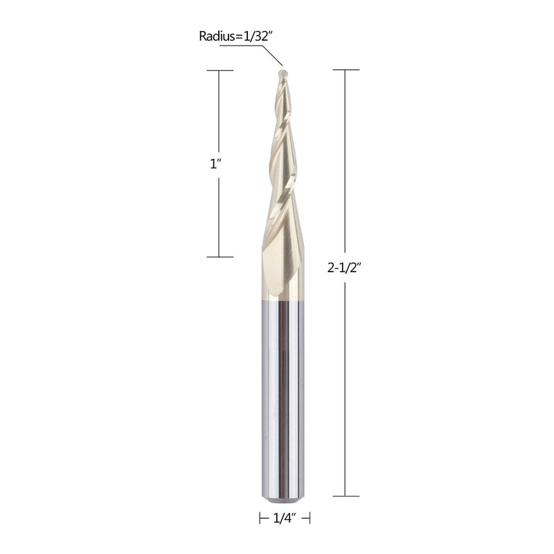 SpeTool Tapered Ball Nose End Mill 1/4" Shank with 1/32" Cutting Radius for 3D Carving Engraving Router Bit, ZrN Coated - NewNest Australia