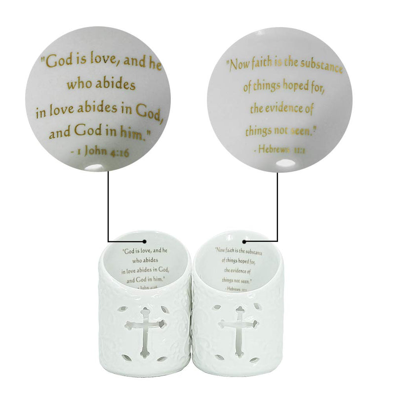 NewNest Australia - DreamsEden Set of 2 Ceramic Christian Cross Tealight Candle Holder with Bible Verses Include Flickering LED Flameless Tea Light Candles for Wedding and Home Decor Led Tealight, White 