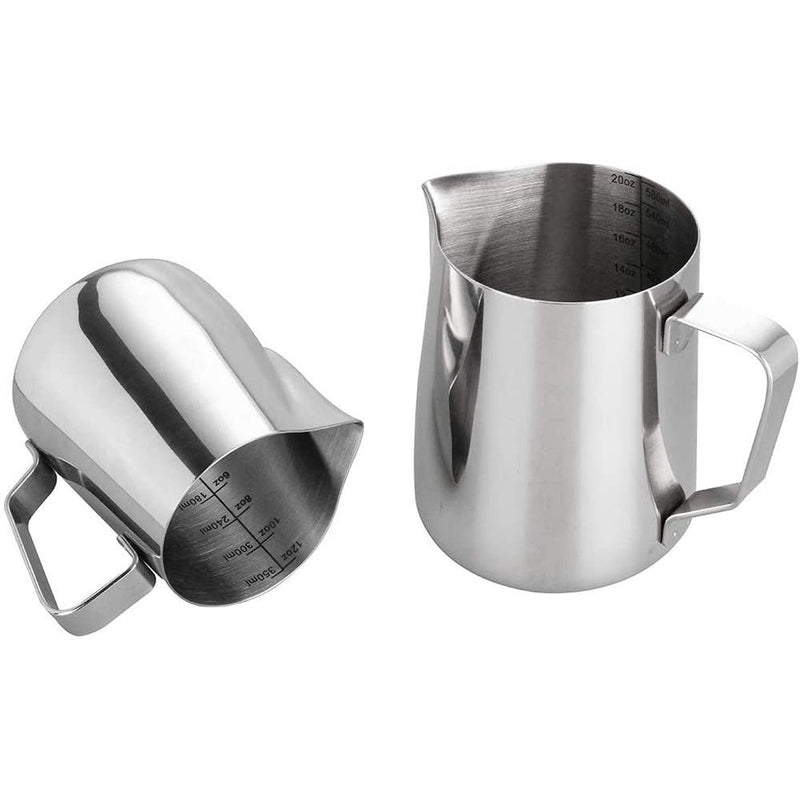 POFET Stainless Steel Milk Jug, 350ML Handheld Coffee Creamer Milk Frothing Pitcher Jug Cup with Measurement Mark and Latte Art Pen, Milk Pitcher Jugs Perfect for Barista Cappuccino Espresso Making - NewNest Australia