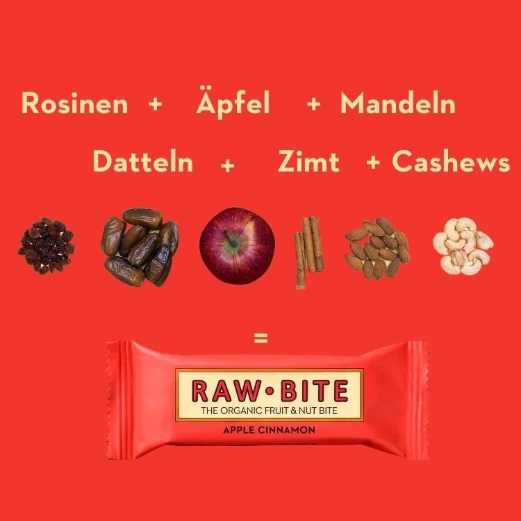 Rawbite Apple Cinnamon In A Box Of 12 - Vegan, Gluten-Free & No Added Sugar (Naturally Contains Sugar) - Organic Fruit And Nut Bars With Apple And Cinnamon (12 X 50 G) Single 12 Pieces (Pack Of 1) - NewNest Australia