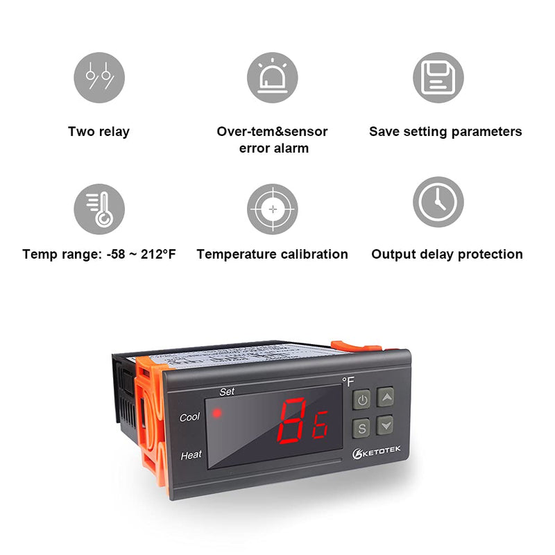 KETOTEK Digital Temperature Controller AC110V 10A Fahrenheit Thermostat with 2m Waterproof Sensor Heater Freezer Temp Controller Dual Relay Incubator Aquarium STC1000 - NewNest Australia